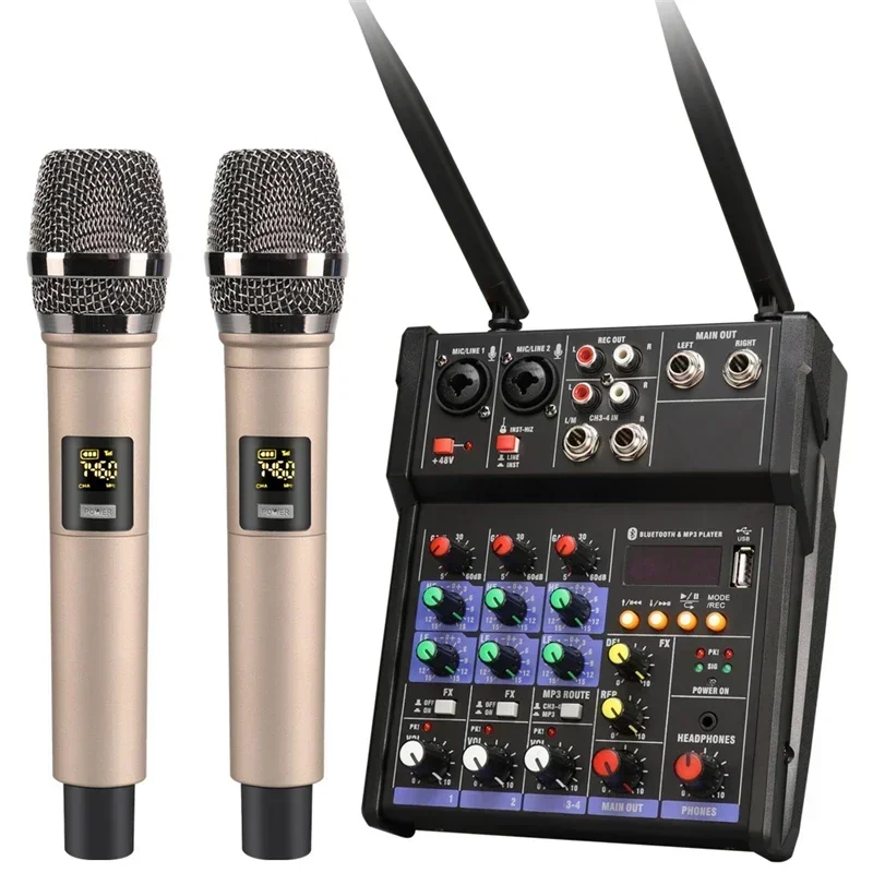 Audio Music Dj - 4-Kanal-USB-Audiomischer mit kabellosem Mikrofon, Studio-Soundmixer mit